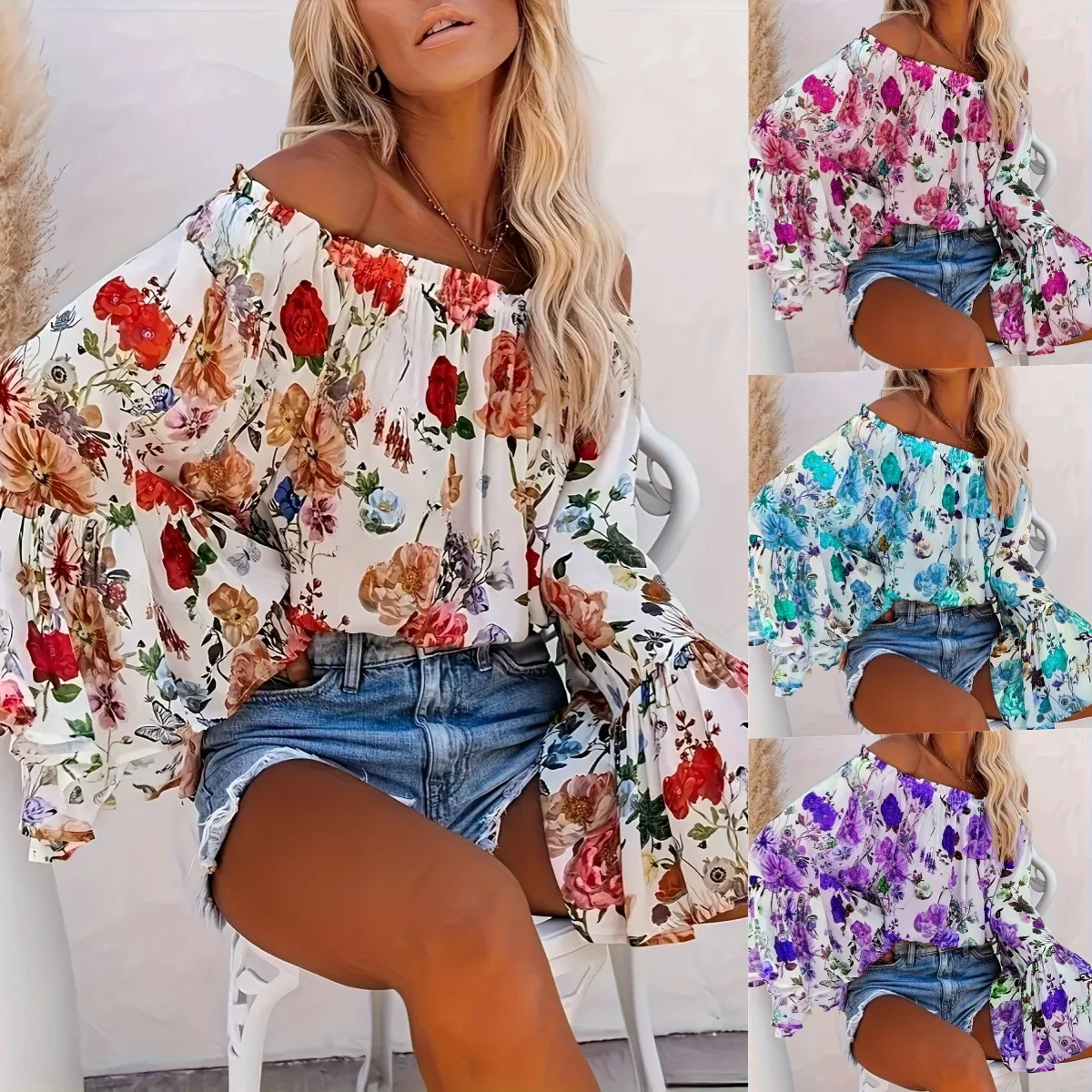 

2025 летний новый женский модный повседневный топ с открытыми плечами с принтом