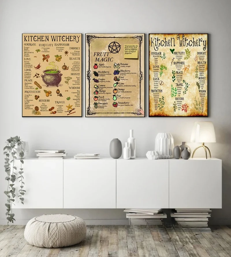 Vintage Kitchen Witchery Poster - Retro Witch Brew Kraft Paper Print for Home, Bar, and Cafe Decor, Aesthetic Wall Art
