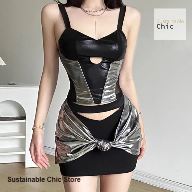 Korean sexy spice girl hollow suspender vest top women's summer new high waist bright bread hip skirt casual two-piece suit