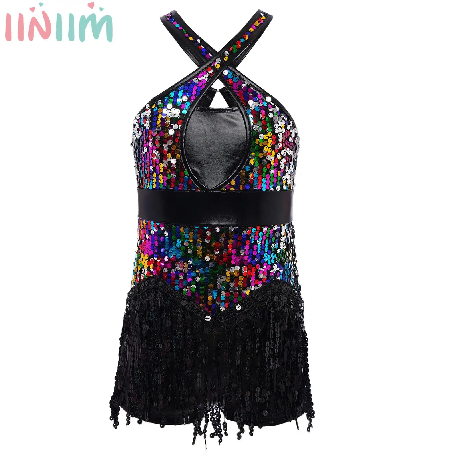 

Girls Sparkly Sequins Tassel Latin Leotard Bodysuit Dance Dress for Jazz Tap Rumba Salsa Samba Cha-Cha Performance Costumes