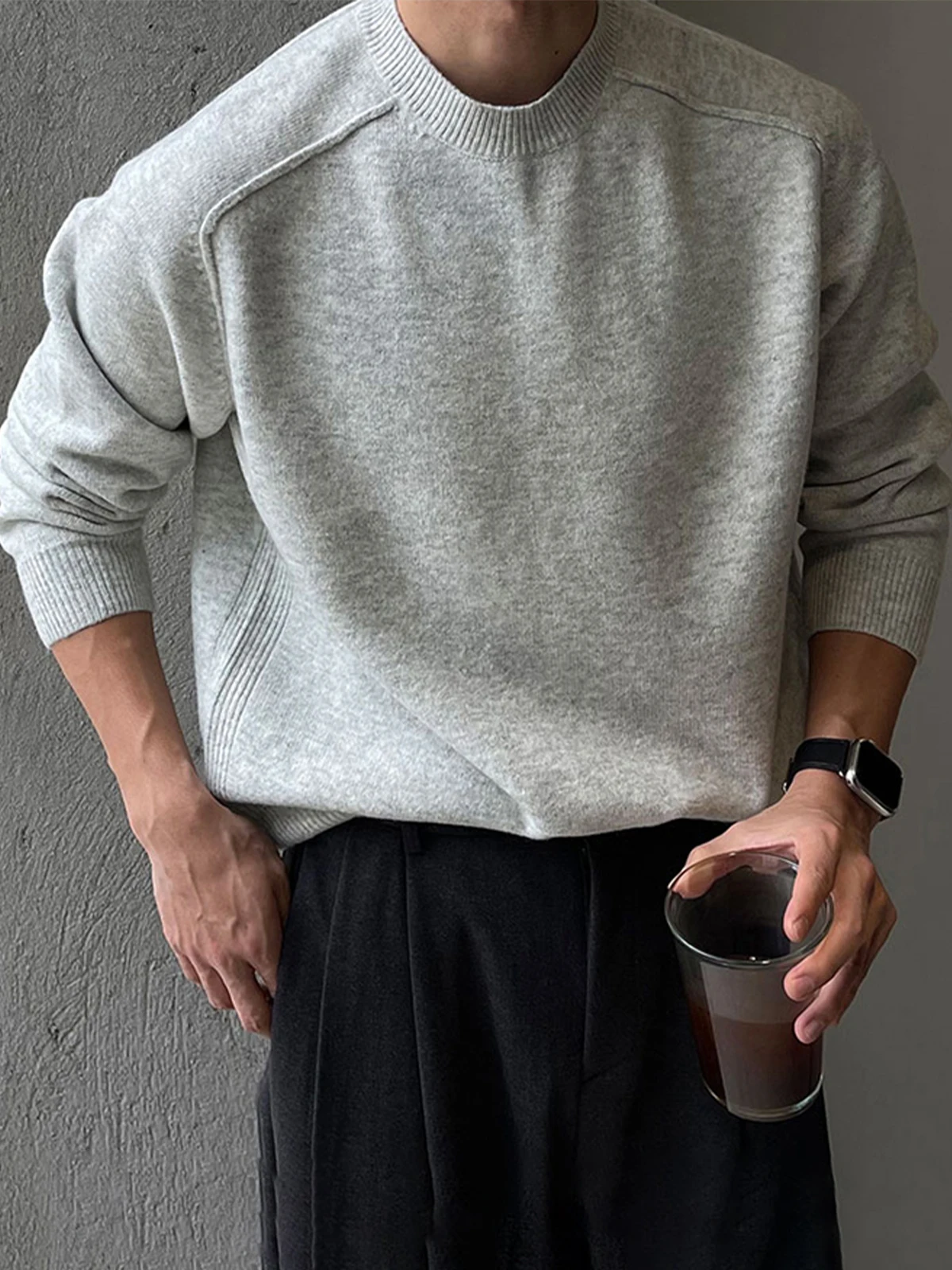 

ey round Ne Knitted Base Layer Men's Spring Autumn Casual High End Mixed Splicing Lightweight Maturi Inner Wear Sweater