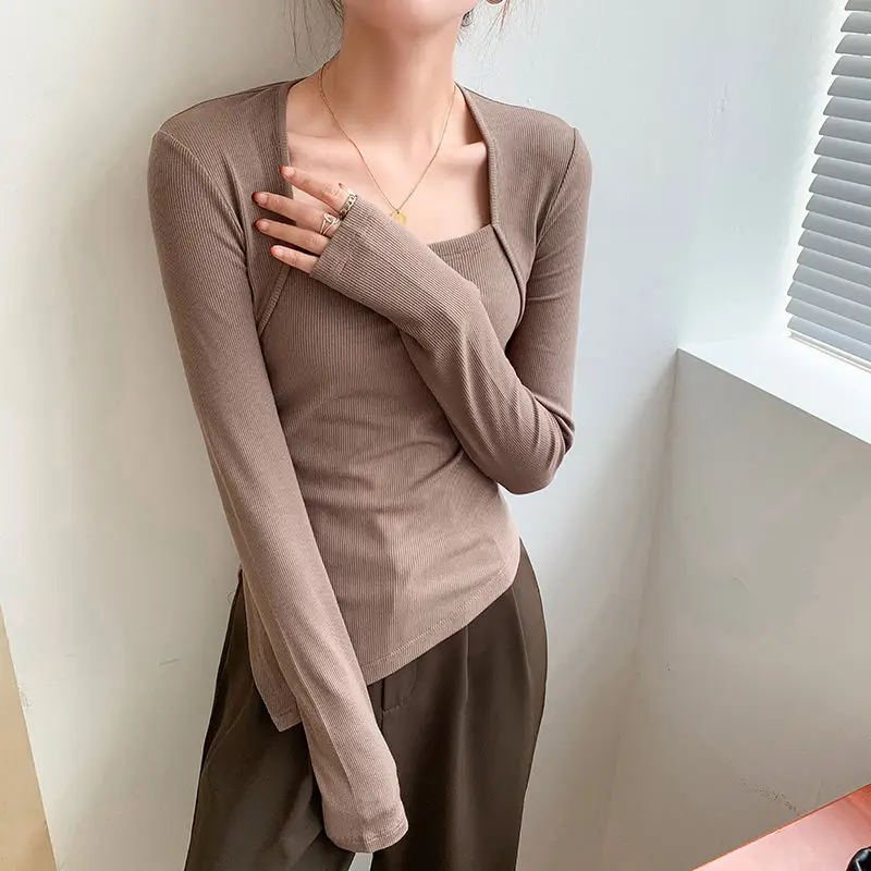 

Elegant Square Collar Pullovers Women's Clothing Solid Color Slim Spring Autumn Commute Fashion Irregular Long Sleeve T-shirt