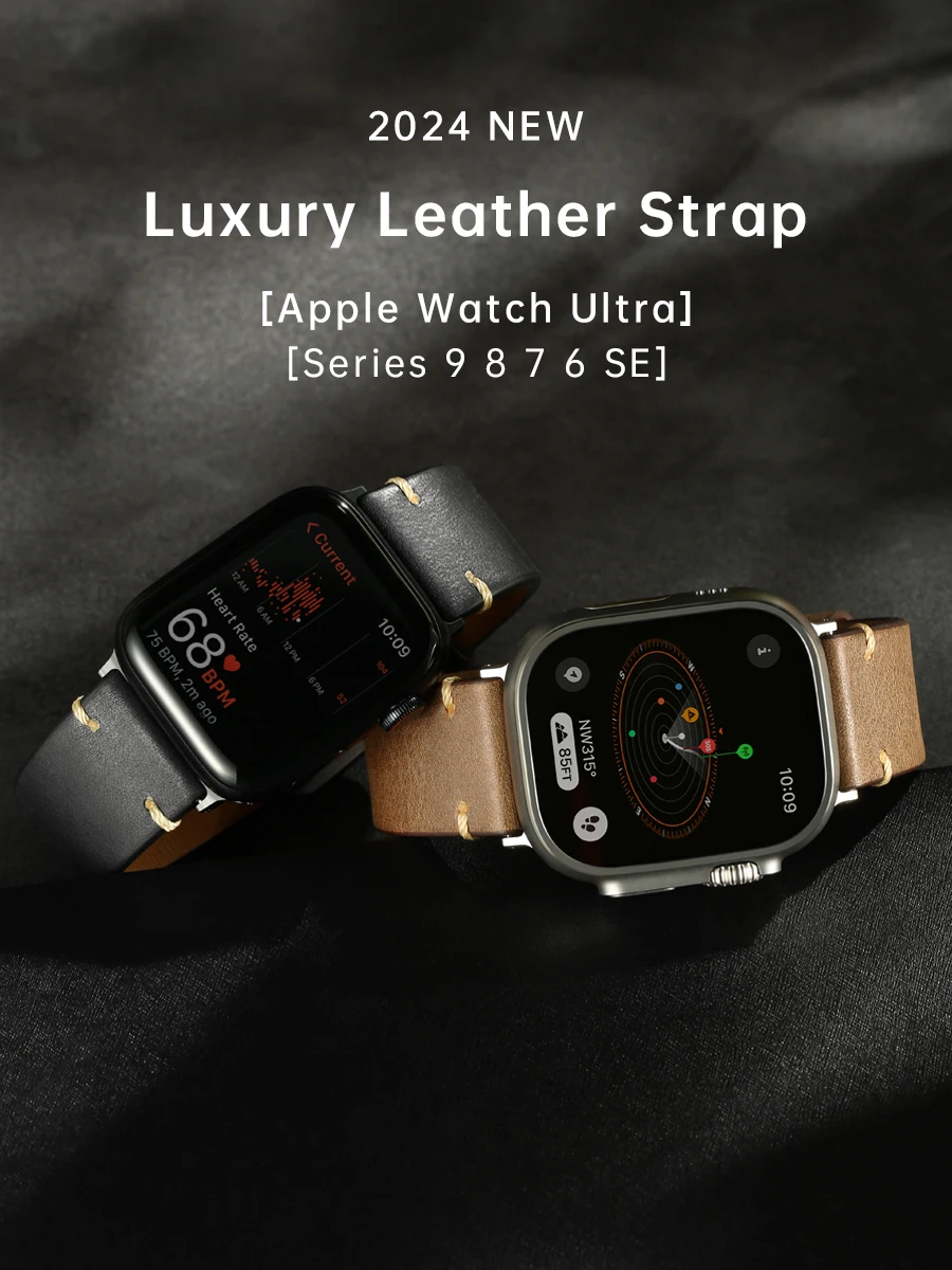 MAIKES Leather Watch Strap Compatible with Apple Watch Ultra 49mm, Series 9, 8, 7, 6, SE, 45mm, 44mm, 41mm, 40mm Watch Wristband