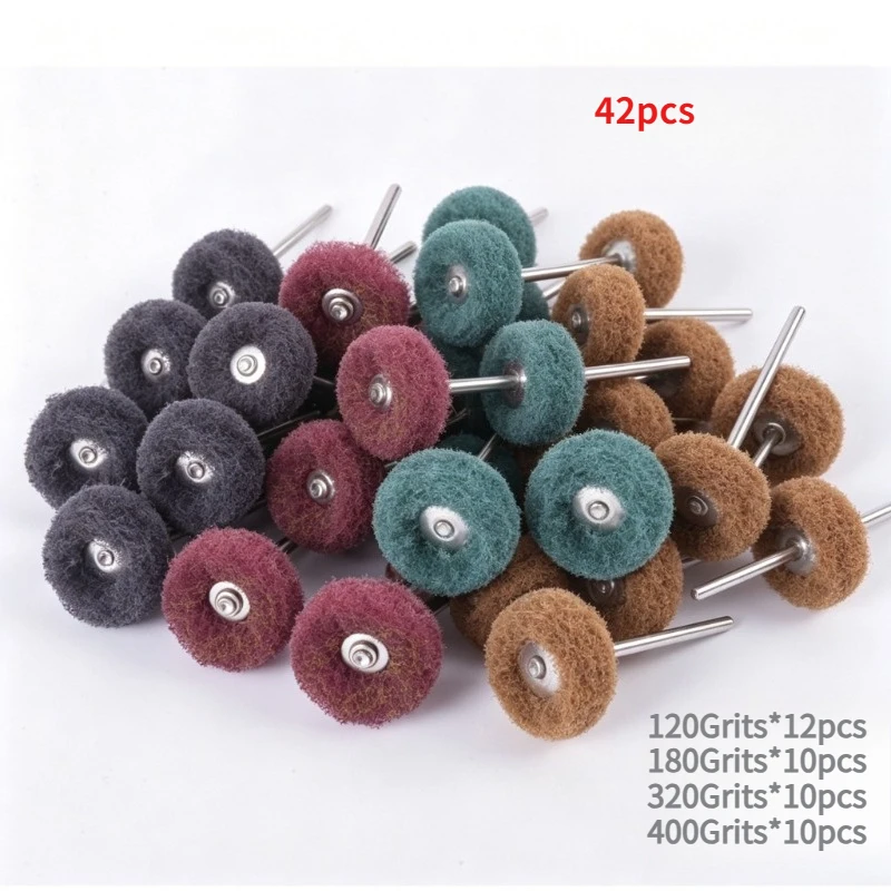 42PCS Scouring Pad Buffing Wheel Set 120/180/320/400 Grit, Nylon T-Shaped Polishing Brush 3mm Shank for Rotary Tool