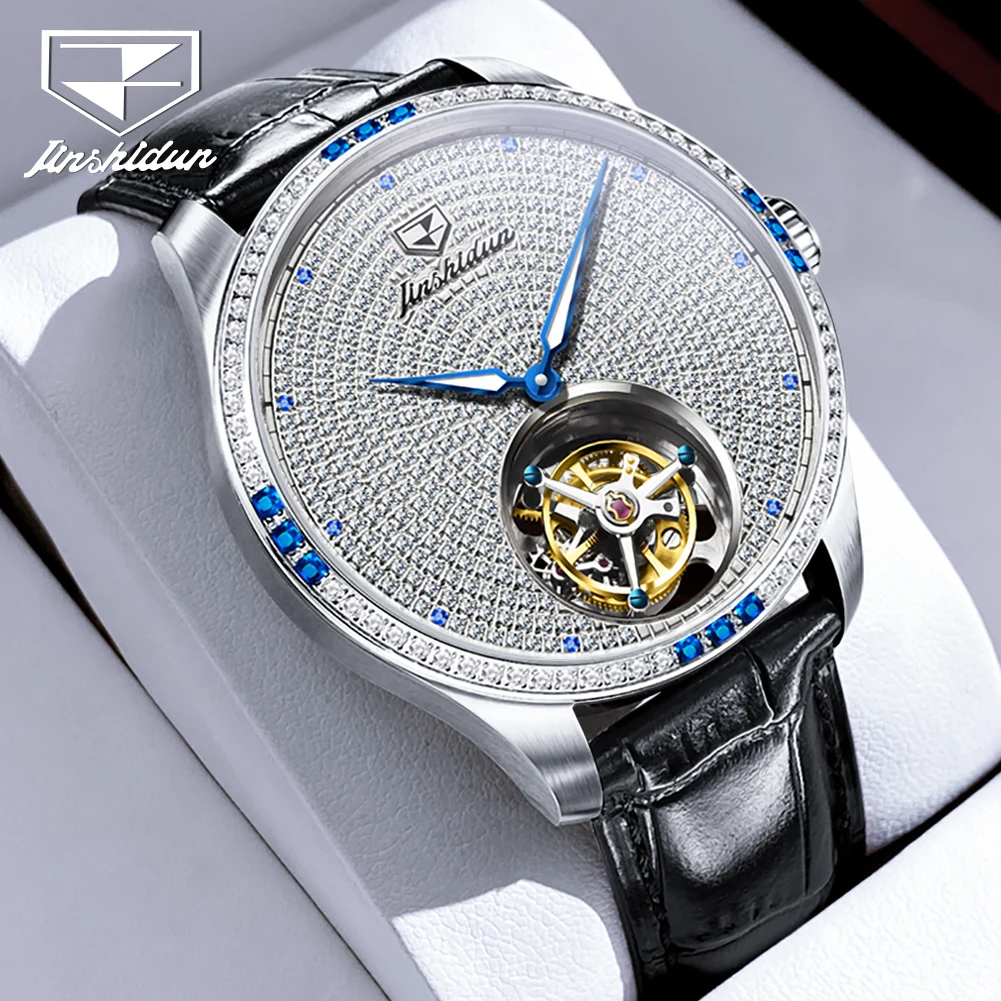 JINSHIDUN Full Diamond Tourbillon Automatic Watches for Man Genuine Leather Strap Luxury Brand Original Men's Mechanical Watches