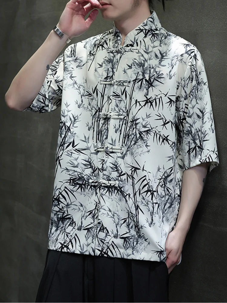 

Ice Silk Short Sleeve Shirt Men's Summer New Chinese Style Retro Button Tang Hanfu Thin Water-Mark Printing Loose Fit Youth F...