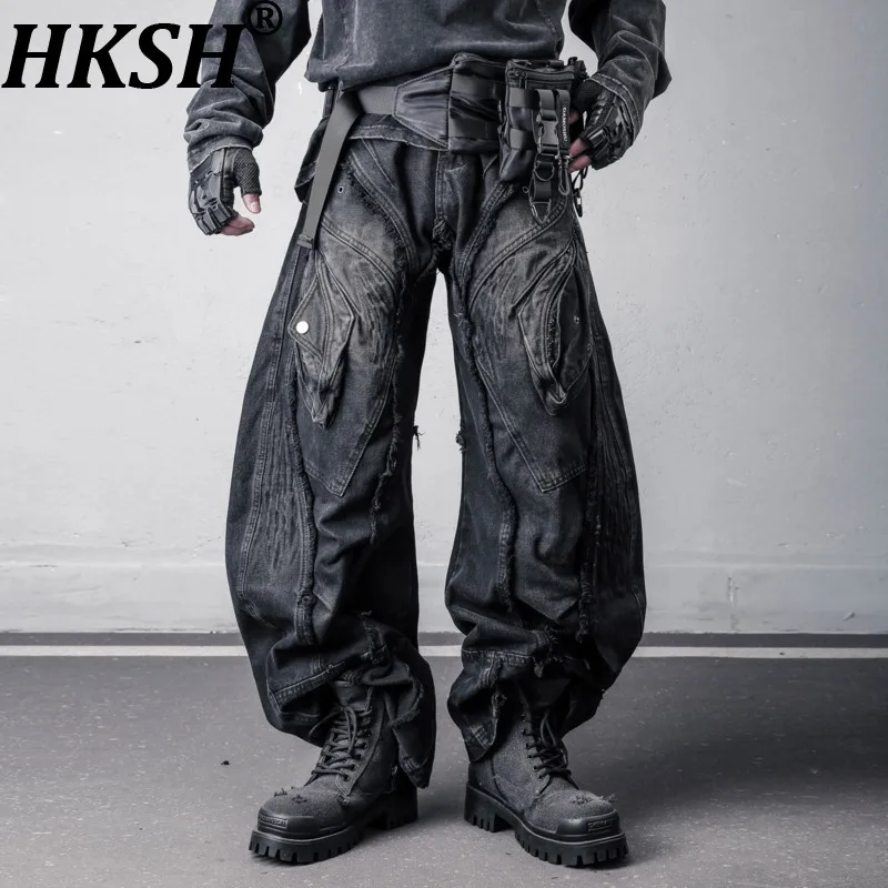 

HKSH Spring Men Niche Waste Land Subculture Dark Heavy Denim Pants Patchwork Wide-leg Raw Edge Fringed Distressed Jeans HK20186