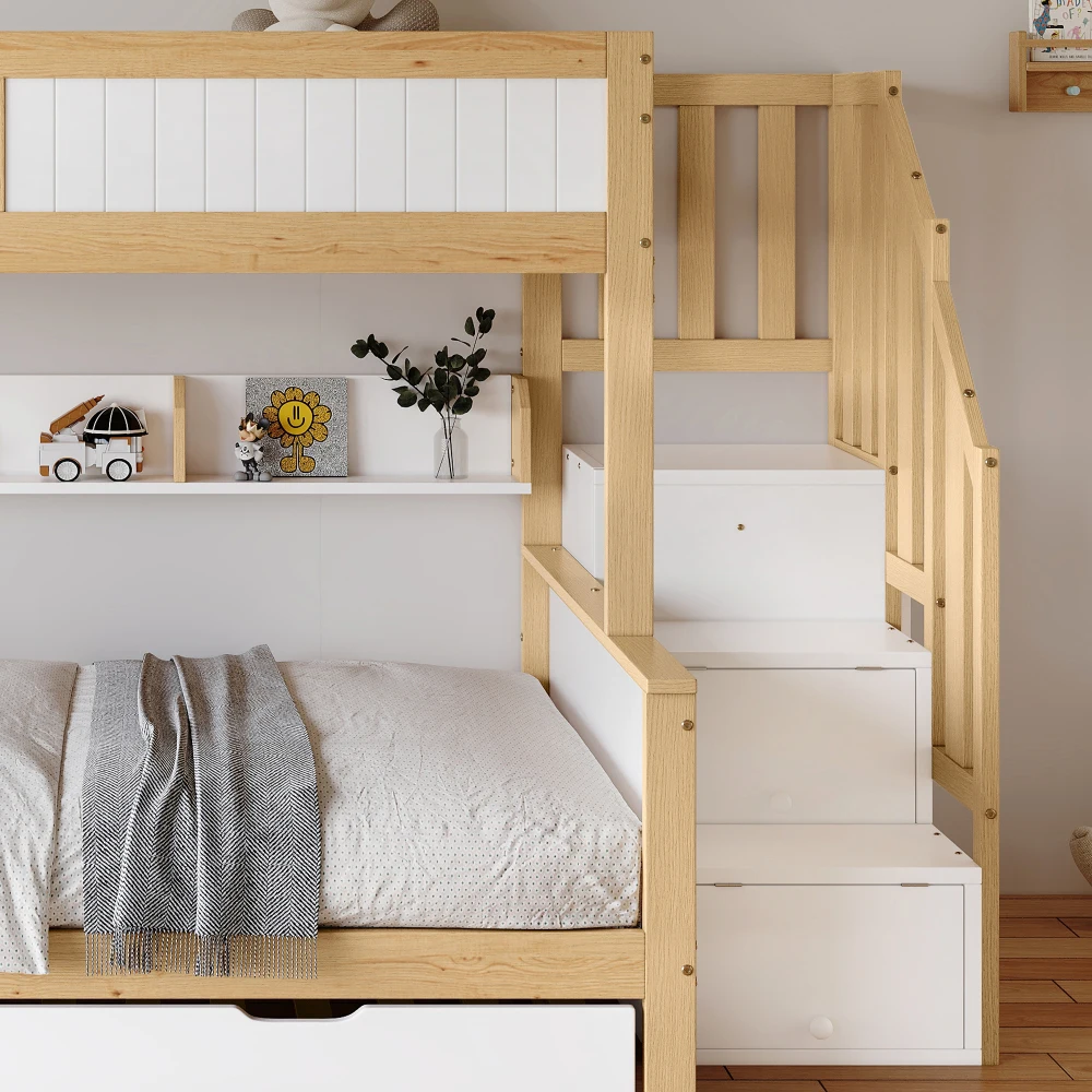 PINGGO Etagenbett 90x200/90x190/120x200cm mit Fallschutzgitter, 3-stöckiges Rollbett mit Kleiderschrank und Eck-Treppe, ohne Matratze – Detail 24