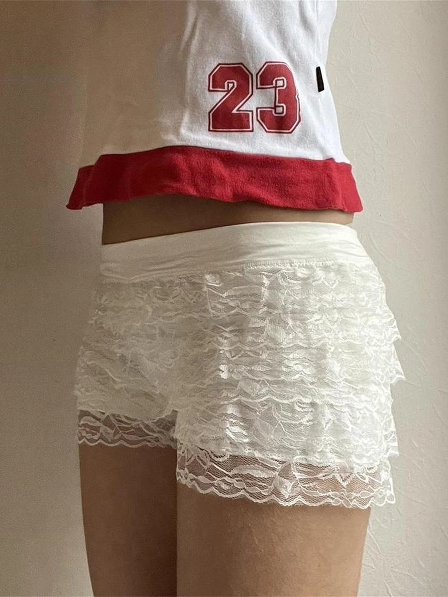 Women's Summer Soft Pajama Shorts Lace Tiered Ruffles Elastic Band Mid Rise Lounge Shorts Retro Y2K Aesthetic Sleep Bottoms 00s