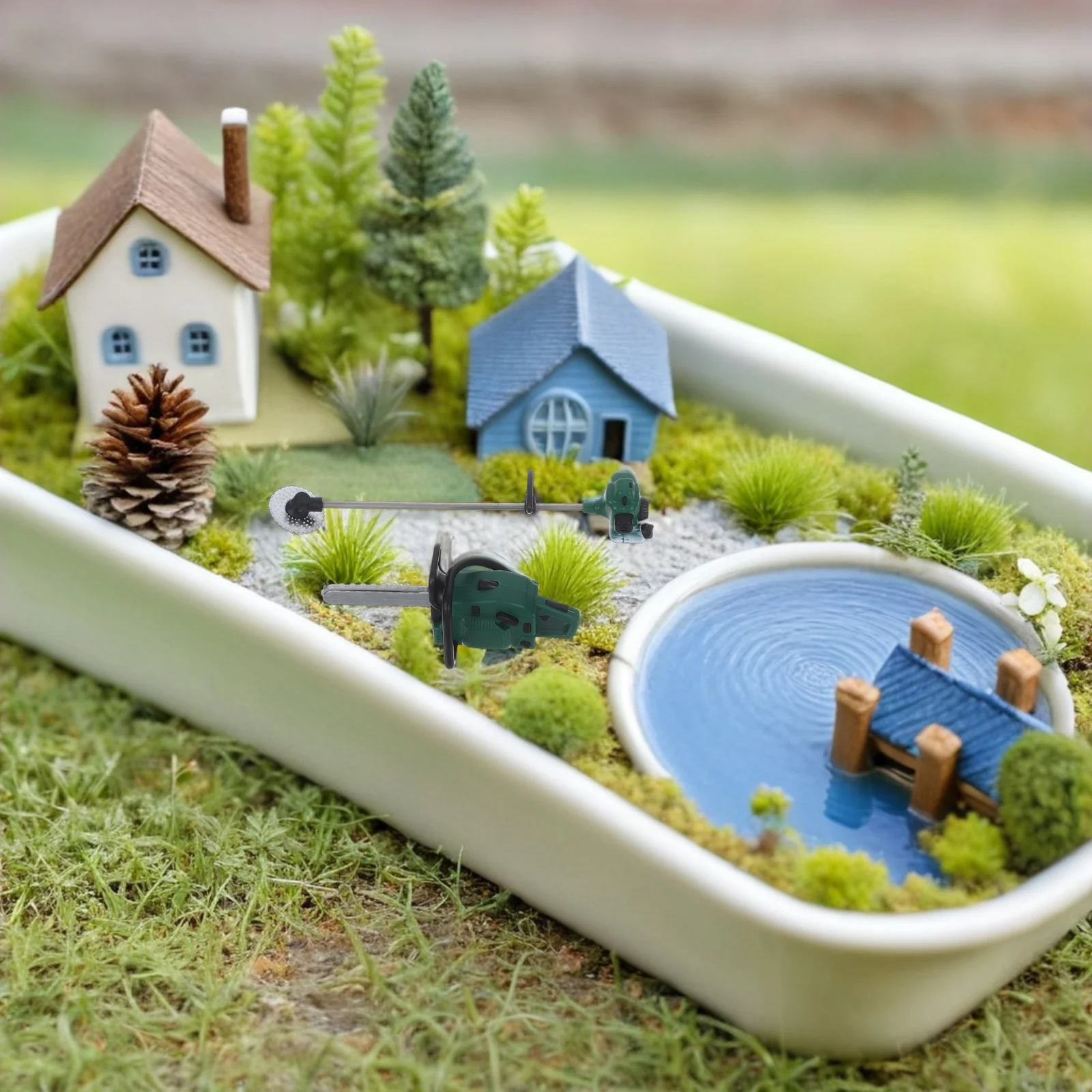 2 pçs decorações de jardim ao ar livre casa de bonecas em miniatura ferramenta simulação motosserra para paisagismo gramado quintal crianças fingir jogar