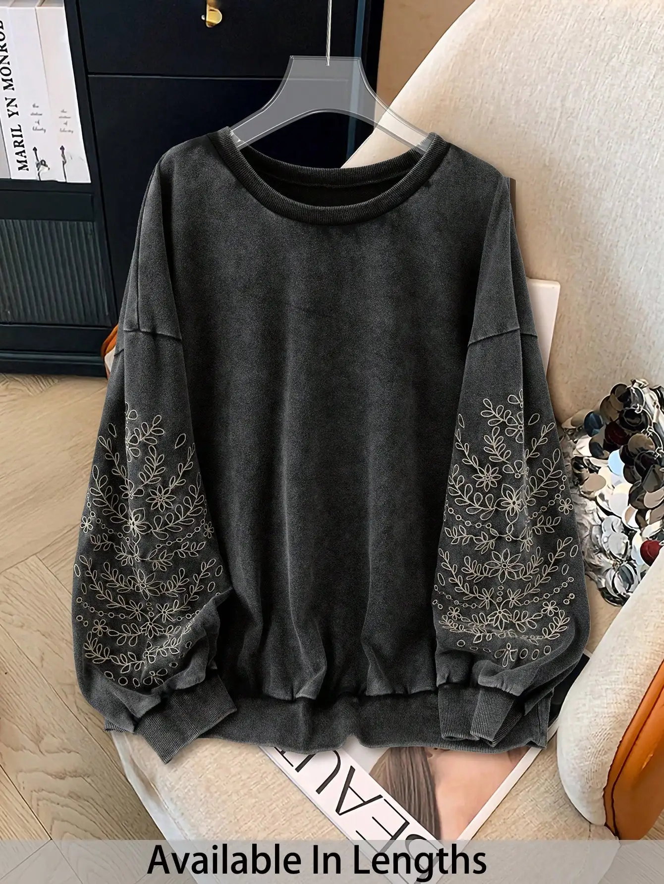 

Женская свободная толстовка с вышивкой в виде цветов, с длинными рукавами и круглым вырезом, повседневный пуловер для осени и зимы