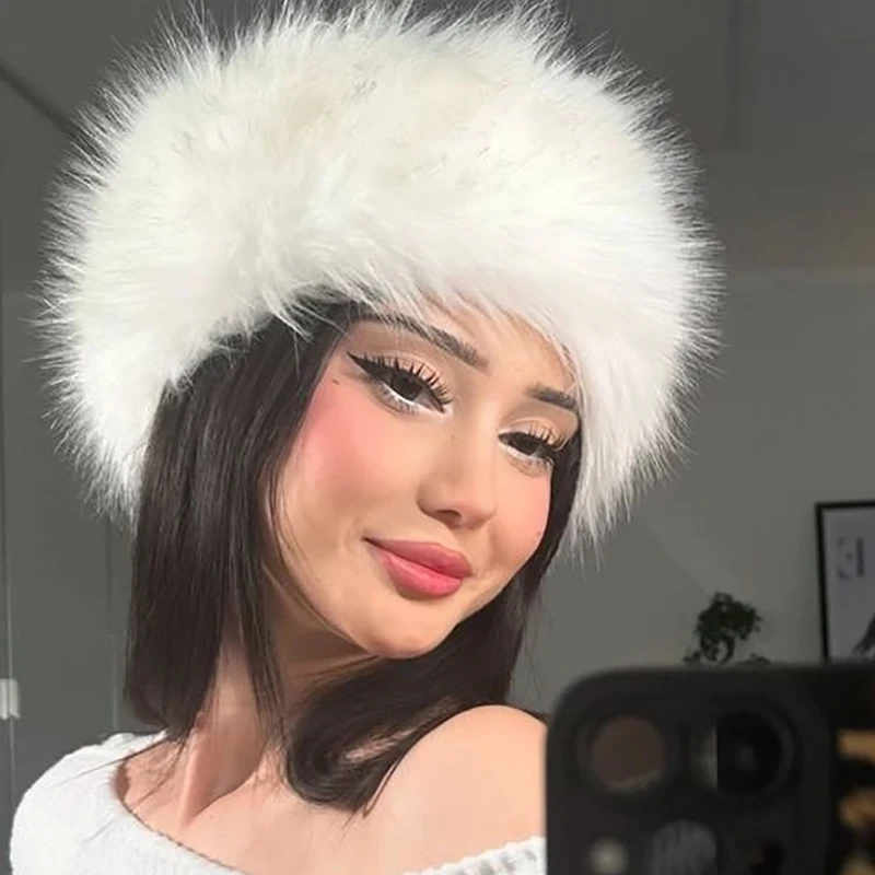Fascia per capelli in peluche tinta unita Cappello invernale caldo in pelliccia sintetica Morbido elastico con pelliccia sciolta e una versatile fascia regolabile per le donne