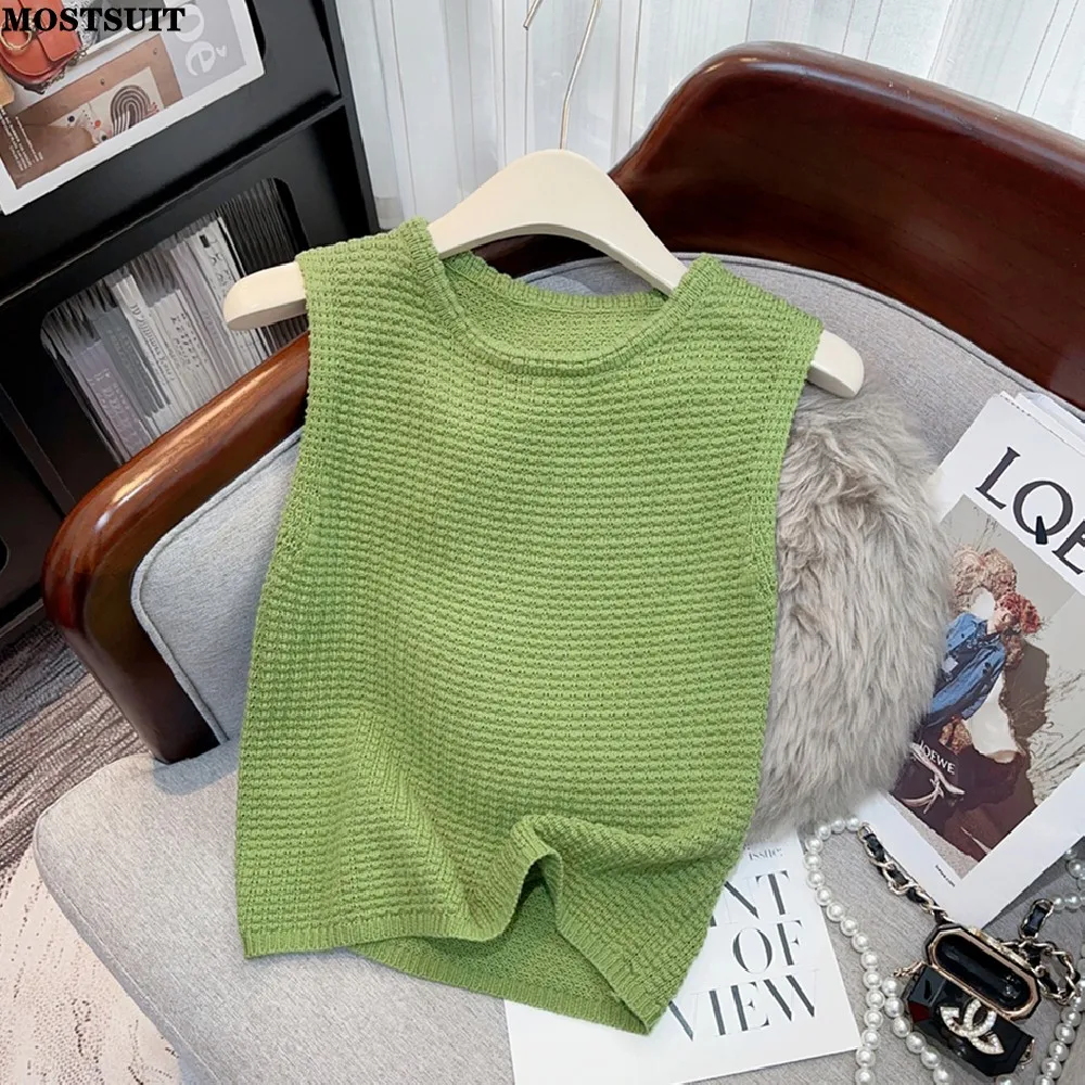 

Women's Sweater Vests 2024 Summer Sleeveless O-neck Crop Tops Solid Fashion Slim Knitted Knitwear Jumpers Streetwear Sexy Vest