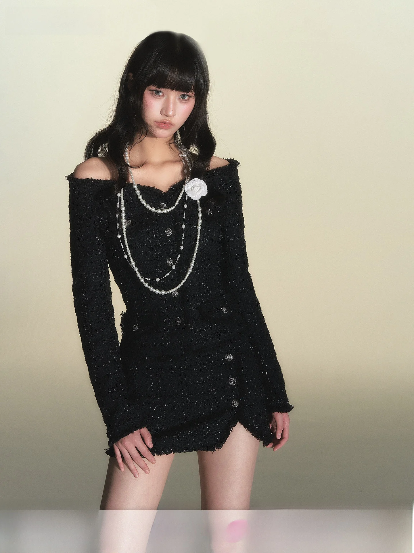 

Hiimdai Return Home Thousand Gold Star Bouclé One oulder Small Fraance Sle Waist-Cinching Jaet Skirt Set