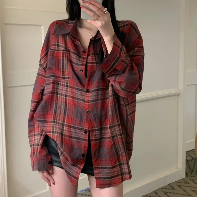 Red Plaid Shirts Women Single Breasted Turn Down Collar Long Sleeve Tops Sun-proof Autumn Streetwear Fashion Casual Korean Style