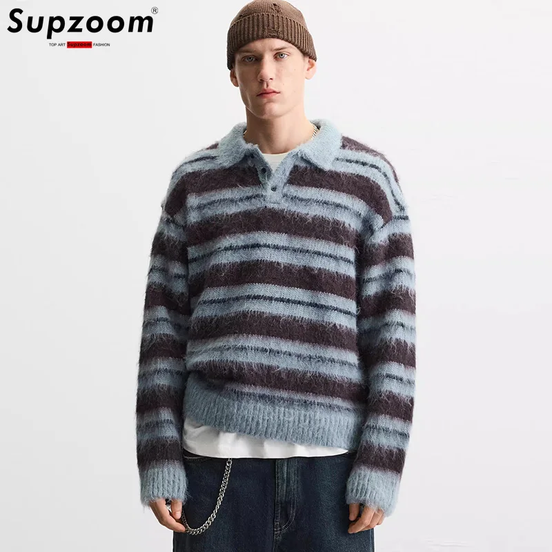 

Supzoom 2025 New Arrival Top Fashion Turn-down Collar Stripe Regular Cotton Male Casual Single Breasted Button Sweater Men