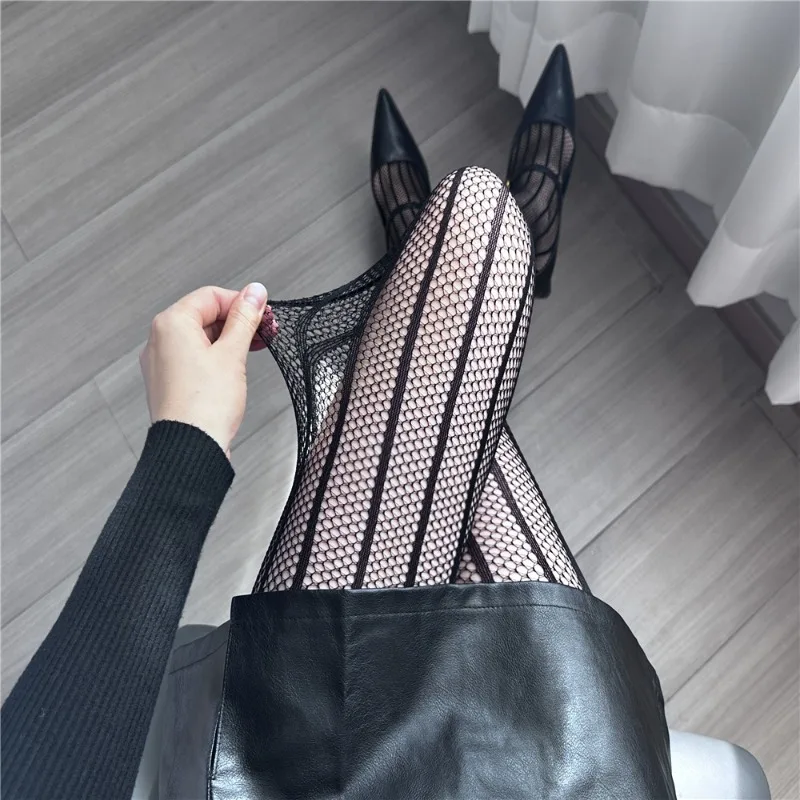 

Kave Jacquard Fishnet Tights Fashion Vertical Stripe Pattern Mesh Pantyhose Sexy Black Sheer Tights Women Gothic Y2k Stockings