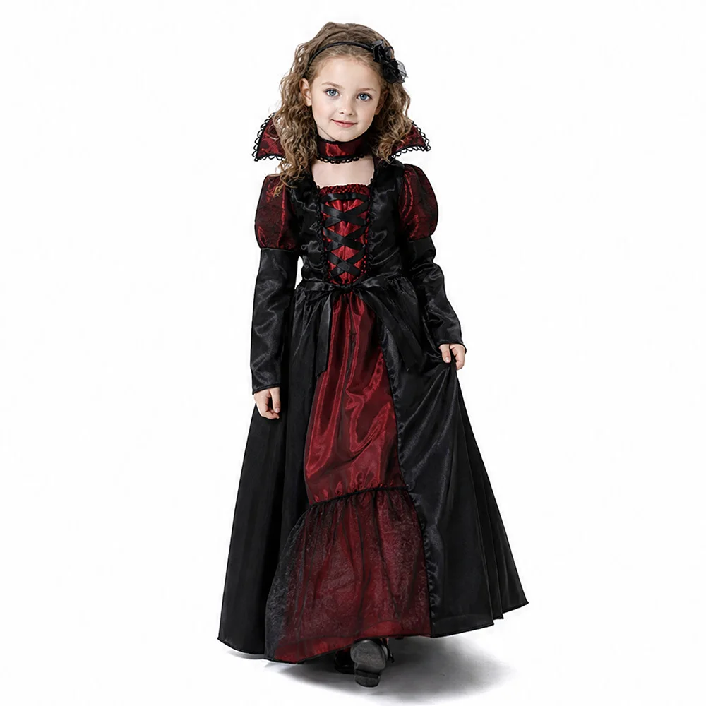 Mädchen-Vampir-Königin-Kostüm Schwarzes Rotes Vintage-Langes Kleid Mit Kragen-Accessoire Für Halloween-Karneval-Cosplay – Detail 3
