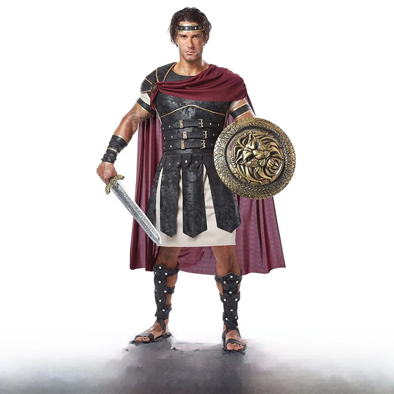 Costume da guerriero spartano cosplay di Halloween Gladiatori romani Abiti da spettacolo Pantaloni lunghi Copricapo in pelle sintetica di nylon
