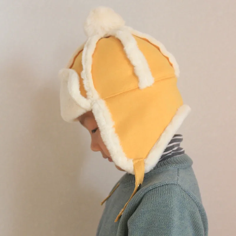 Children Winter Hats for Boy Girl Bomber Hat with Ear Flaps Thick Warm Plush Berber Fleece Pompom Winter Cap for Boy Girl