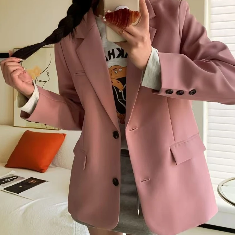 

REALEFT, весенне-осенний элегантный розовый женский пиджак, новинка 2025, свободная верхняя одежда для офиса с длинными рукавами и одной пуговицей для женщин