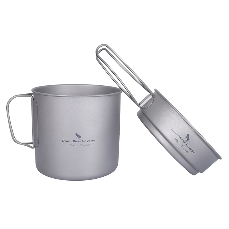 Imagem -02 - Camping Panelas Titanium Pot And Pan Grupo Alça Dobrável Caminhadas ao ar Livre Talheres de Piquenique Mess Kit Tigela de Titânio Caneca 1100ml 300ml