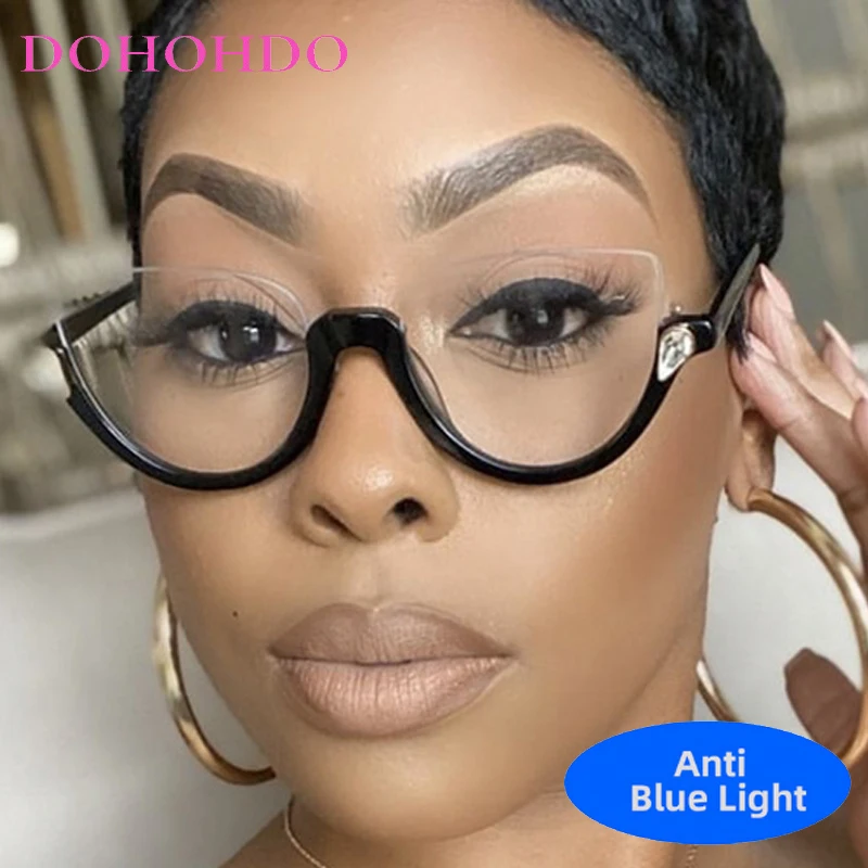 

Fashion Personality Rhinestone Decorate Half Frame Cat Eye Anti-Blue Light Eyewear Luxury Brand Computer Women Men Optical Glass