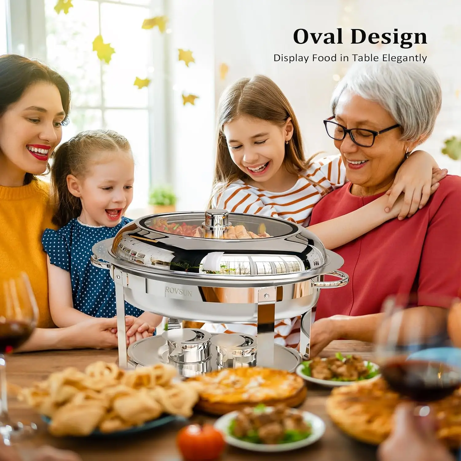 ROVSUN 6-pack ovale komfoor voor buffet, 6QT roestvrijstalen komfoorbuffetset met glazen deksel, chafers en buffetwarme