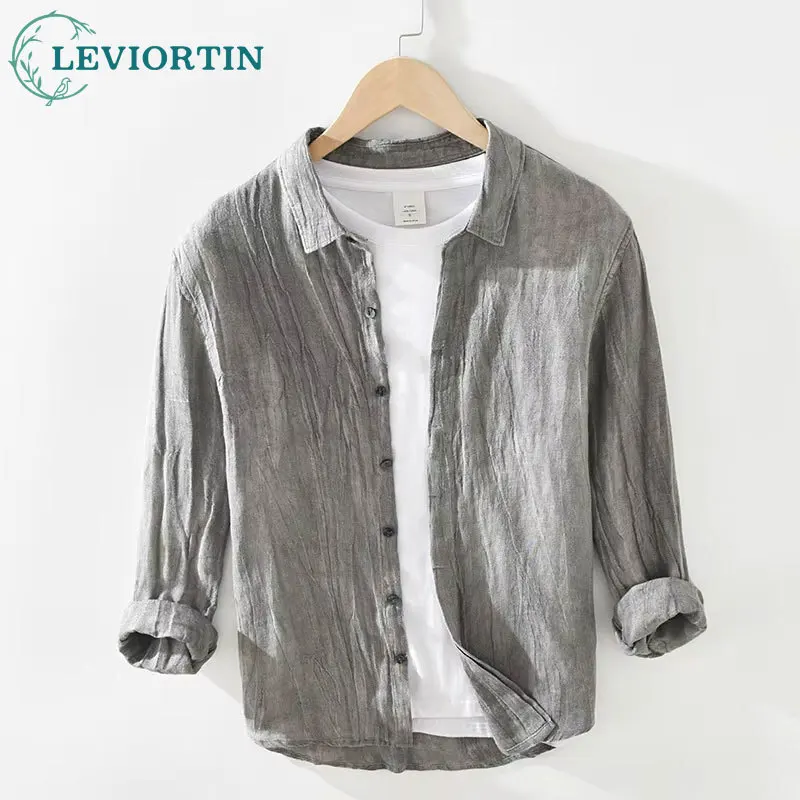 

Spring and summer Men's Retro Wrinkled Linen Long Sleeve Shirt for Youth, Casual, Loose, Hidden Buckle, Vintage Square Neck Shir