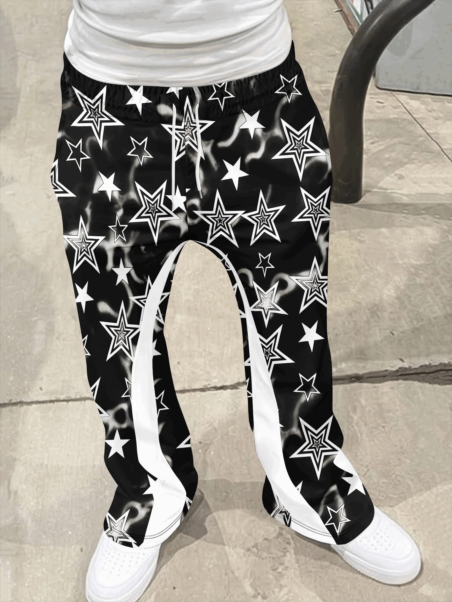 Y2K Gothic Schnelltrocknende Schlaghose Unisex mit Blitz-Schriftzug-Print Schwarz-Weiß Gestreift Gespleißte Hip-Hop Streetwear Lange Hose – Detail 7