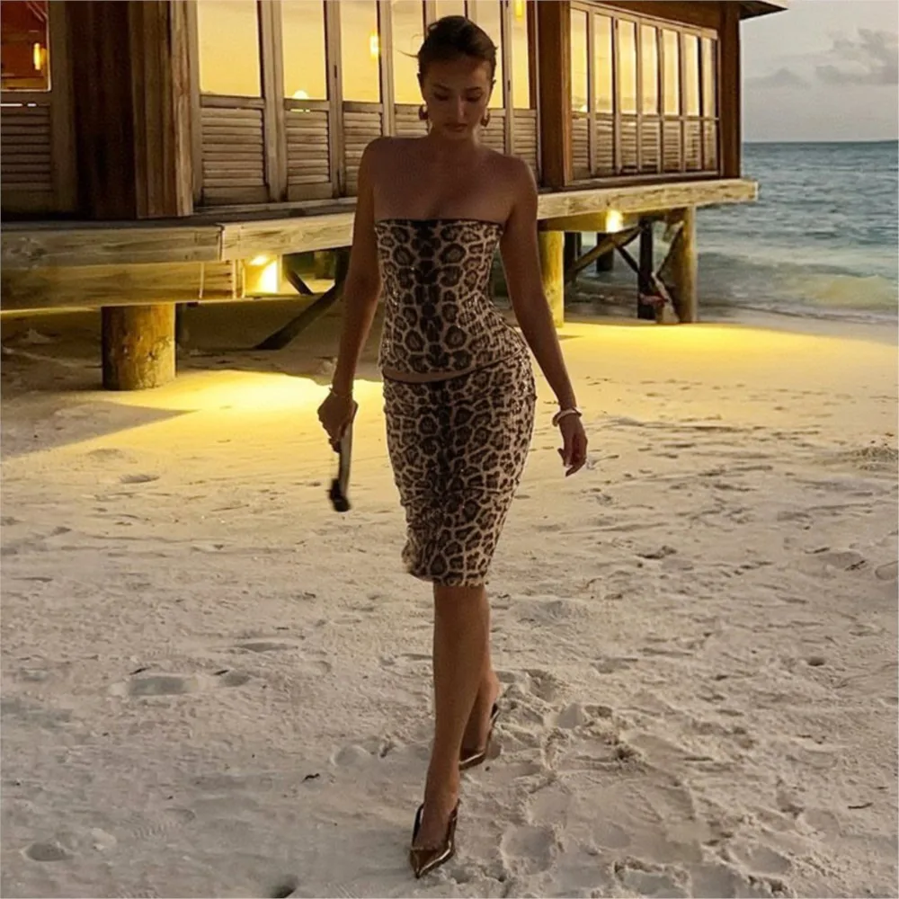 Woman 2 Piece Set Outfit Sexy Beachwear Sequin Leopard Print Tube Top Skirt Two Piece Outfits Woman Backless Leace-up Party Slim