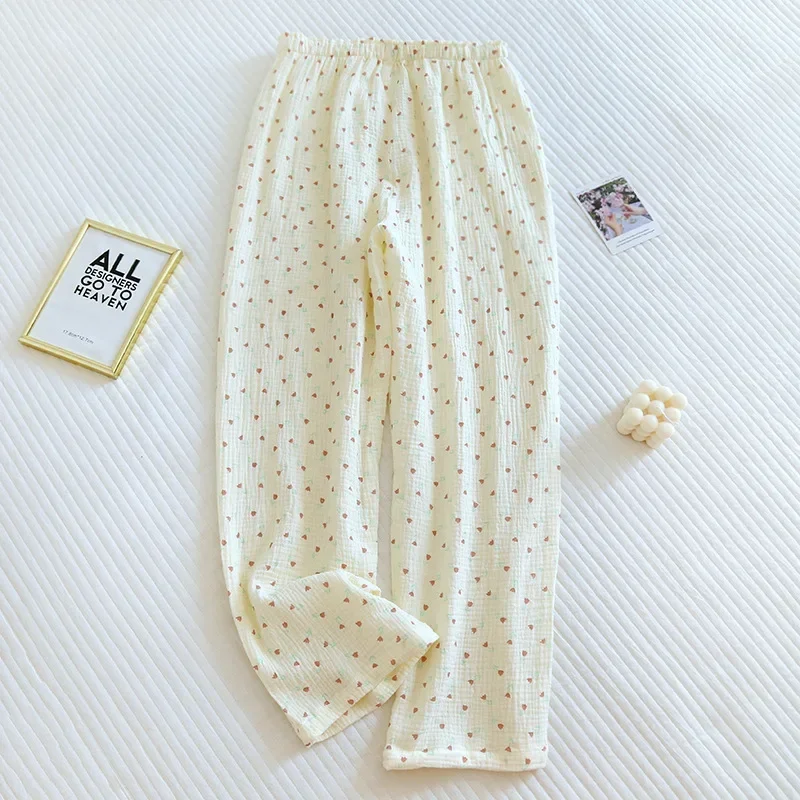 2024 Japanese Spring/Summer New Women\'s Pajama Pants 100% Cotton Crepe Pants Sweet and Cute Pajama Pants Ladies Loose Home Pants