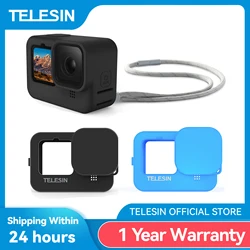 Telesin capa de silicone macio para gopro 9 10 11 12 tampa da lente azul preto alça de pulso de mão ajustável para gopro hero acessórios pretos