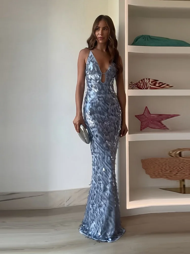 

Женское блестящее вечернее платье на бретелях-спагетти, без рукавов, с открытой спиной и высокой талией, в пол, женское платье для дня рождения, 2024