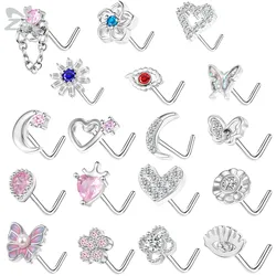 ZS 1PC 20G 316L Stainless Steel Nose Stud For Women Girl Pink Crystal Nose Piercing Heart Butterfly Moon Shape Nostril Piercing