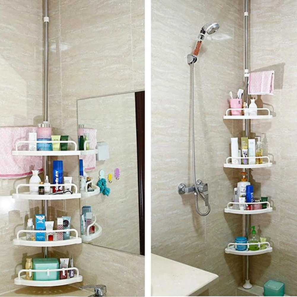 

Corner Shower Caddy Tension Pole Bathroom Rust Proof Telescopic Rod 4 Tier Storage Rack Shower Organizer 120-310cm Adjustable