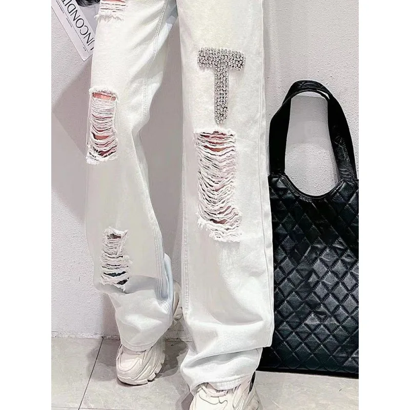 Design Sense Exquisite Rhinestone Ripped Letter-Printing Jeans Women's Autumn New Loose Slimming High Waist Wide Legs Straight-L