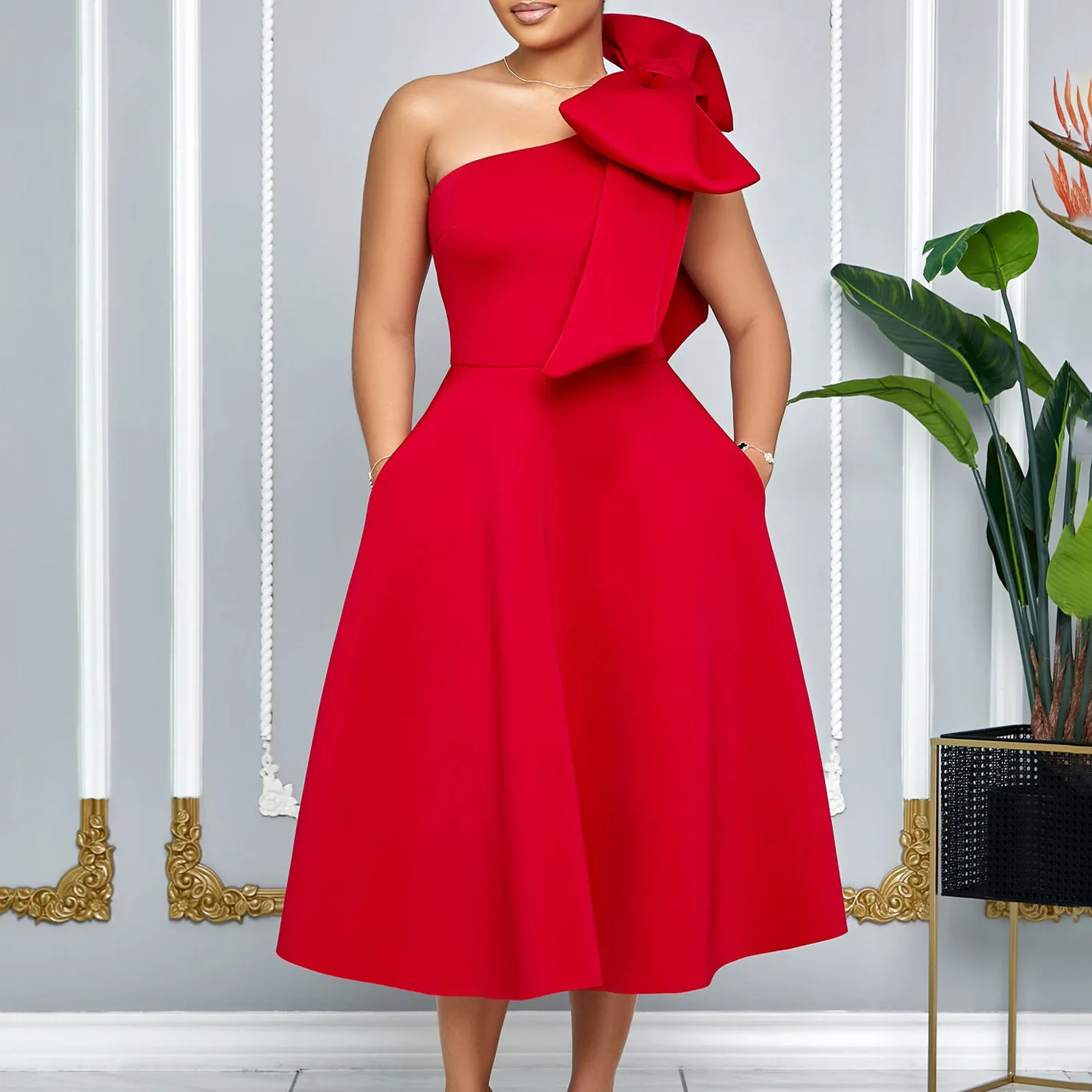 Moda feminina skew ombro arco banquete vestido de balanço, plus size, novo, 2024