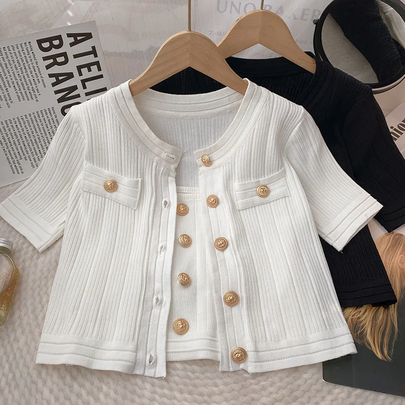 2023 Summer New Korean Elegant Single Breasted Short Sleeve Knitted Cardigan+Bottom Sleeveless Strap Vest Set For Women