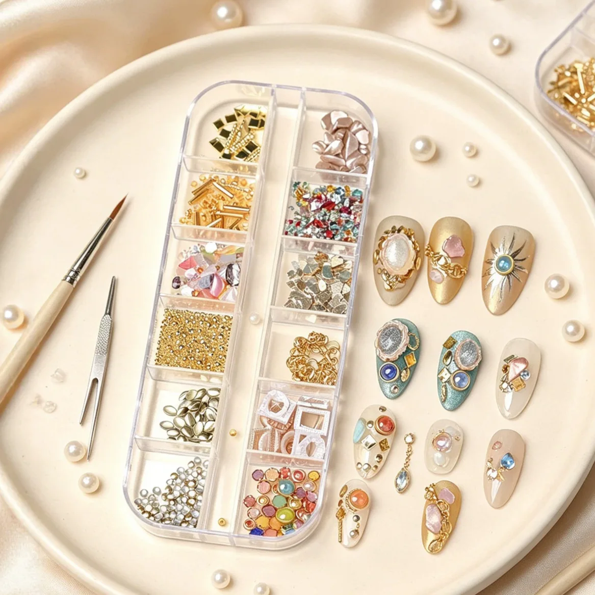 1/12 Grid Mixed Retro Style Golden Silver Metal Nail Art Decoration 3D Steel Bead Pearl Nail Rivet Metallic Slice DIY Manicure