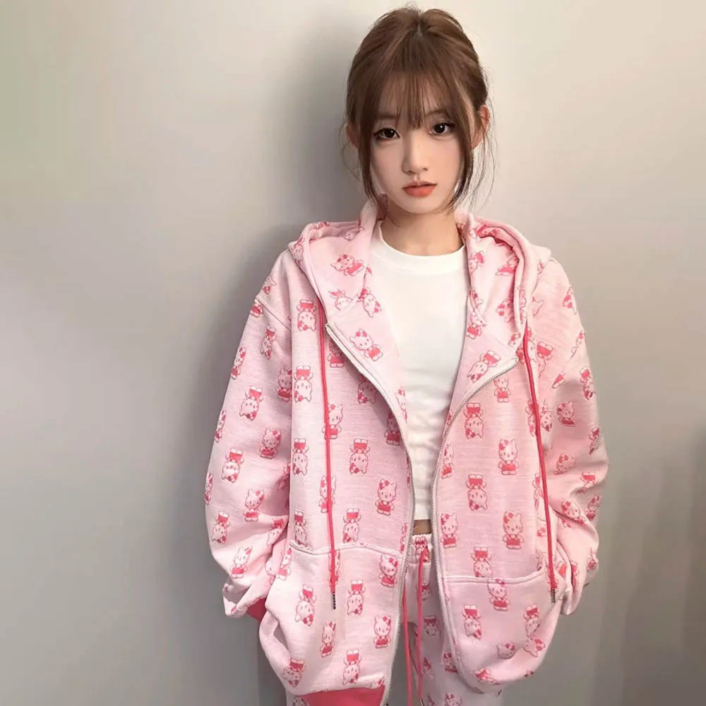 Anime Y2K Hello Kitty Women 2Pcs Sweatshirt Suit Sanrioed Kawaii Spring Cotton Pink Cardigan Wide Leg Pants Student Sweet Trend