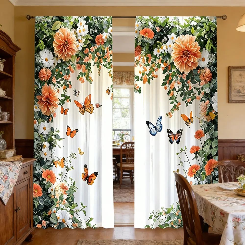 2PCS Digital Printed Curtains, Orange Chrysanthemum Butterfly Autumn, Modern Home Decor Style for Living Room Bedroom Decor
