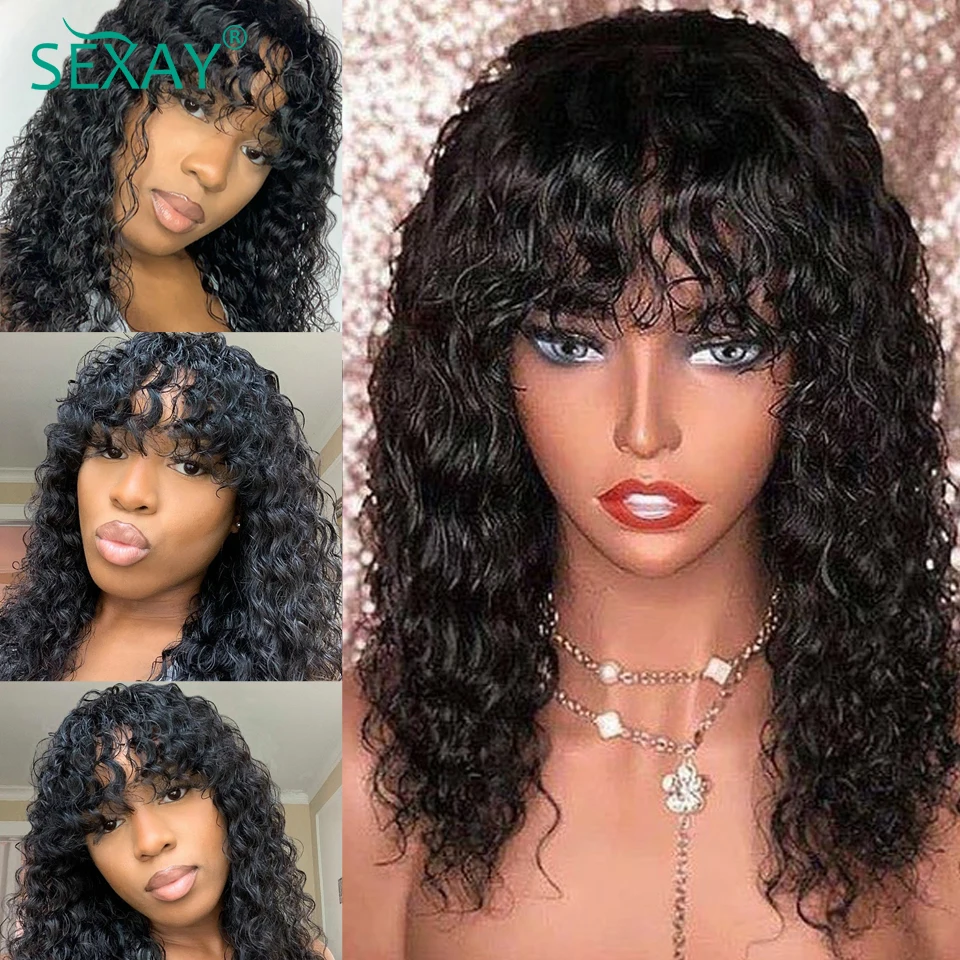 

Fake Scalp Deep Curly Hair Human Hair Wigs With Bangs Sexay Peruvian Deep Wave Glueless Wigs 8-24 200 Density Short Fringe Wig