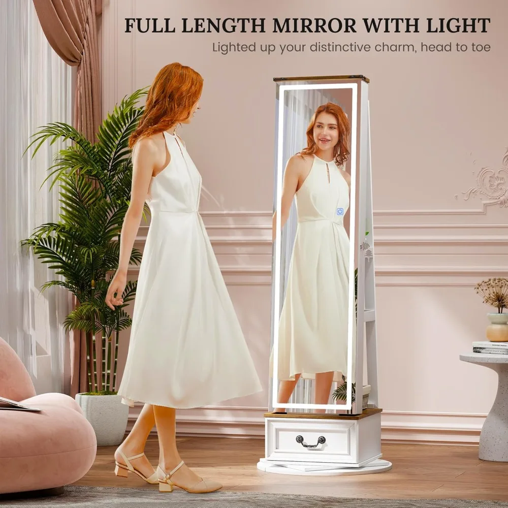 LED Mirror Jewelry Cabinet Standing, 360°Swivel Jewelry Armoire with Full Length Mirror, Mirror with Jewelry Storage