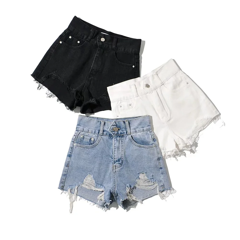 

Женские джинсовые шорты с рваным краем, летние, модные, с высокой талией, свободного кроя, широкие штанины