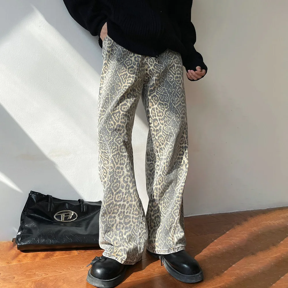 

Mens Jeans Leopard Print Casual Pants Streetwear American Retro Personality Versatile Trousers Men'S Clothing 2024 Summer New