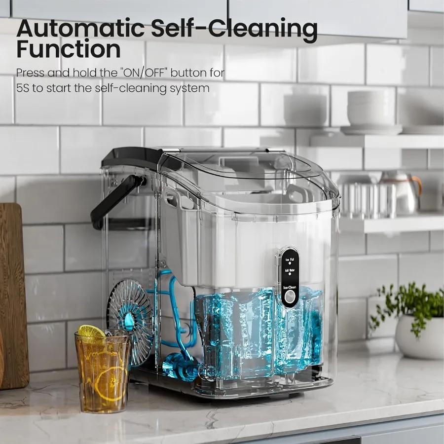 컴팩트한 카운터탑 너겟 제빙기, 셀프 클리닝 기능 및 소닉 아이스 기술 탑재, 24시간당 35파운드의 얼음 생산