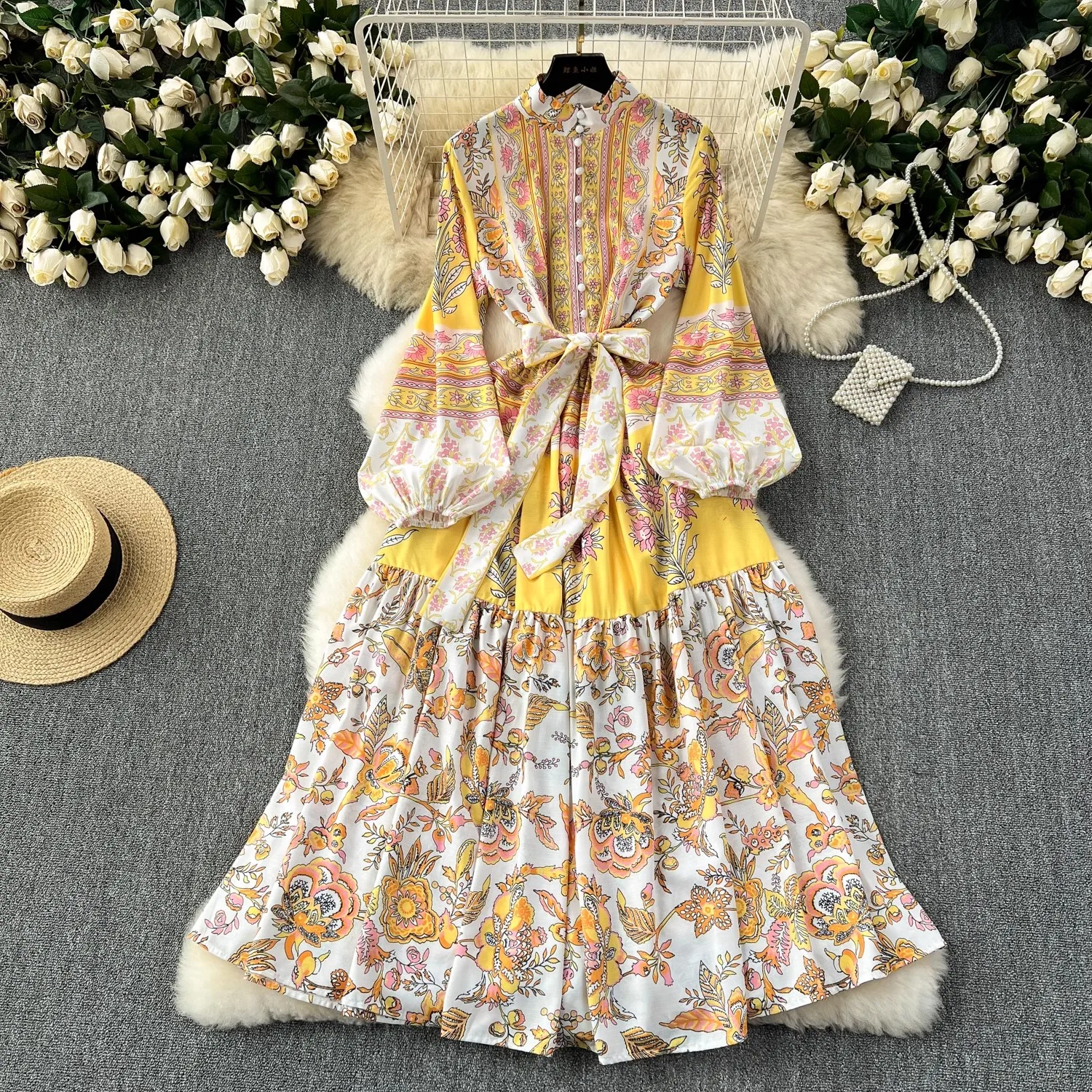 

Runway Luxury Designer Long Robe Dress Women Stand Lantern Sleeve Floral Print With Belt Boho Holiday Dress Flower Maxi Robes