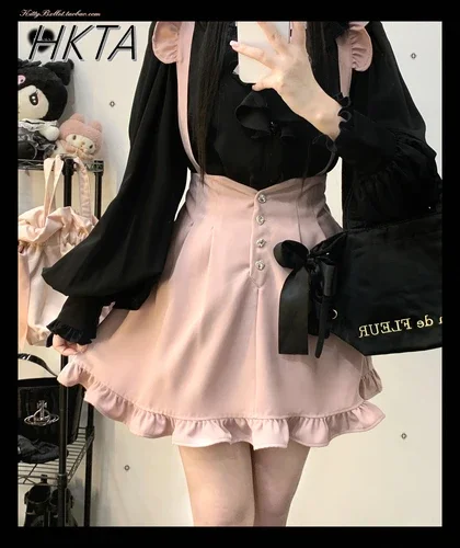 Single-Breasted Ruffled Suspender Skirt Lolita Girls Spring Autumn New Sweet Pink Balck High Waist Straps Short Skirt for Women