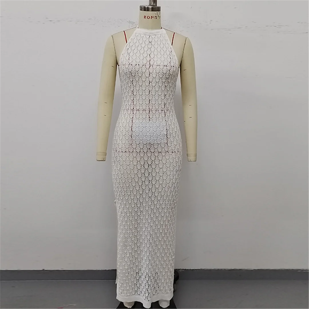 Halterneck, rückenfreies, gehäkeltes, gestricktes Tunika-Strandkleid, Strandkleid, Strandmode, Damen V6718 – Detail 17